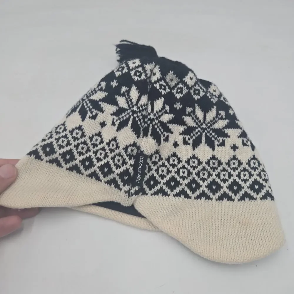 Vtg IGLOOS 100% Wool Nordic Ski Hat Black Tassel Scandinavian Fair Isle Youth
